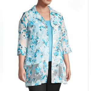 MING WANG Abstract Print Semi Sheer Open-Front Blouse In Dew Blue Multi Size PM